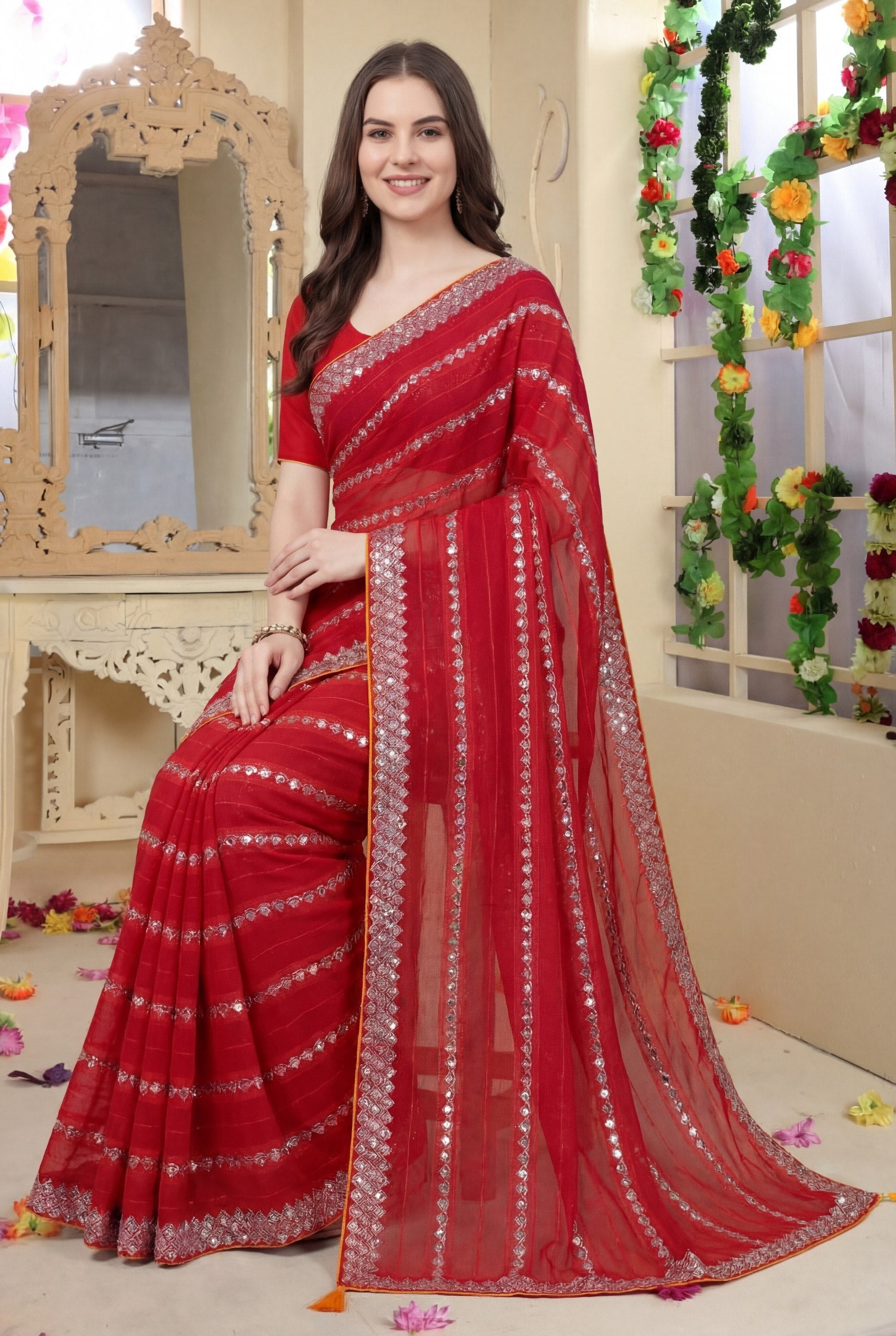 Shiv Chakra Tradition Red Saree