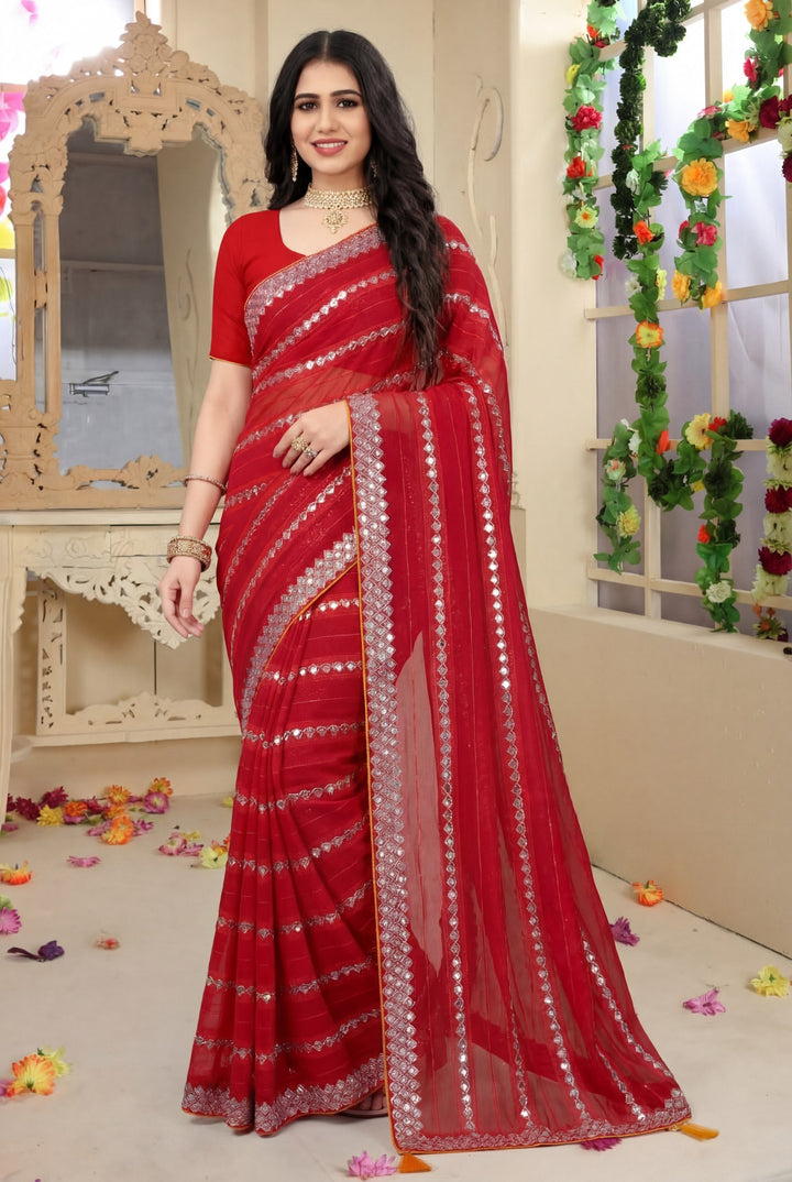Shiv Chakra Tradition Red Saree