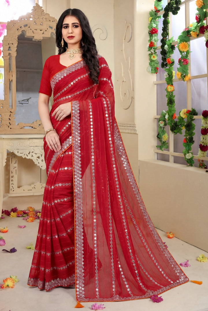 Shiv Chakra Tradition Red Saree