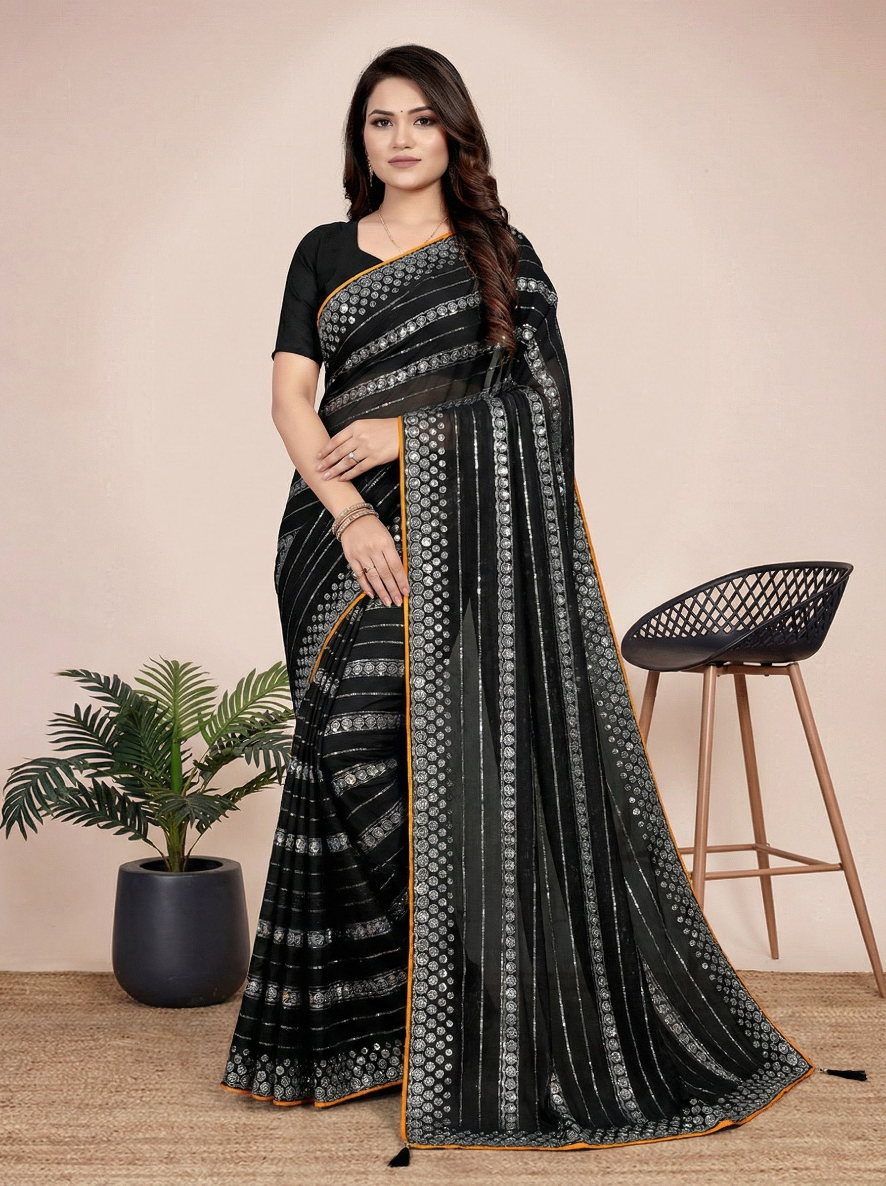 Shiv Chakra Charm Black Saree