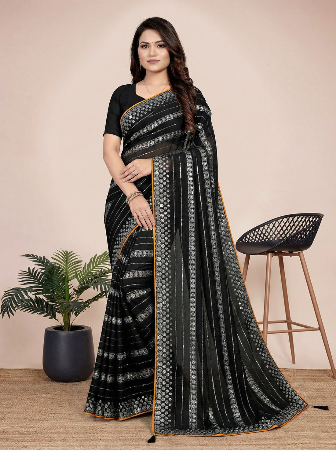 Shiv Chakra Charm Black Saree