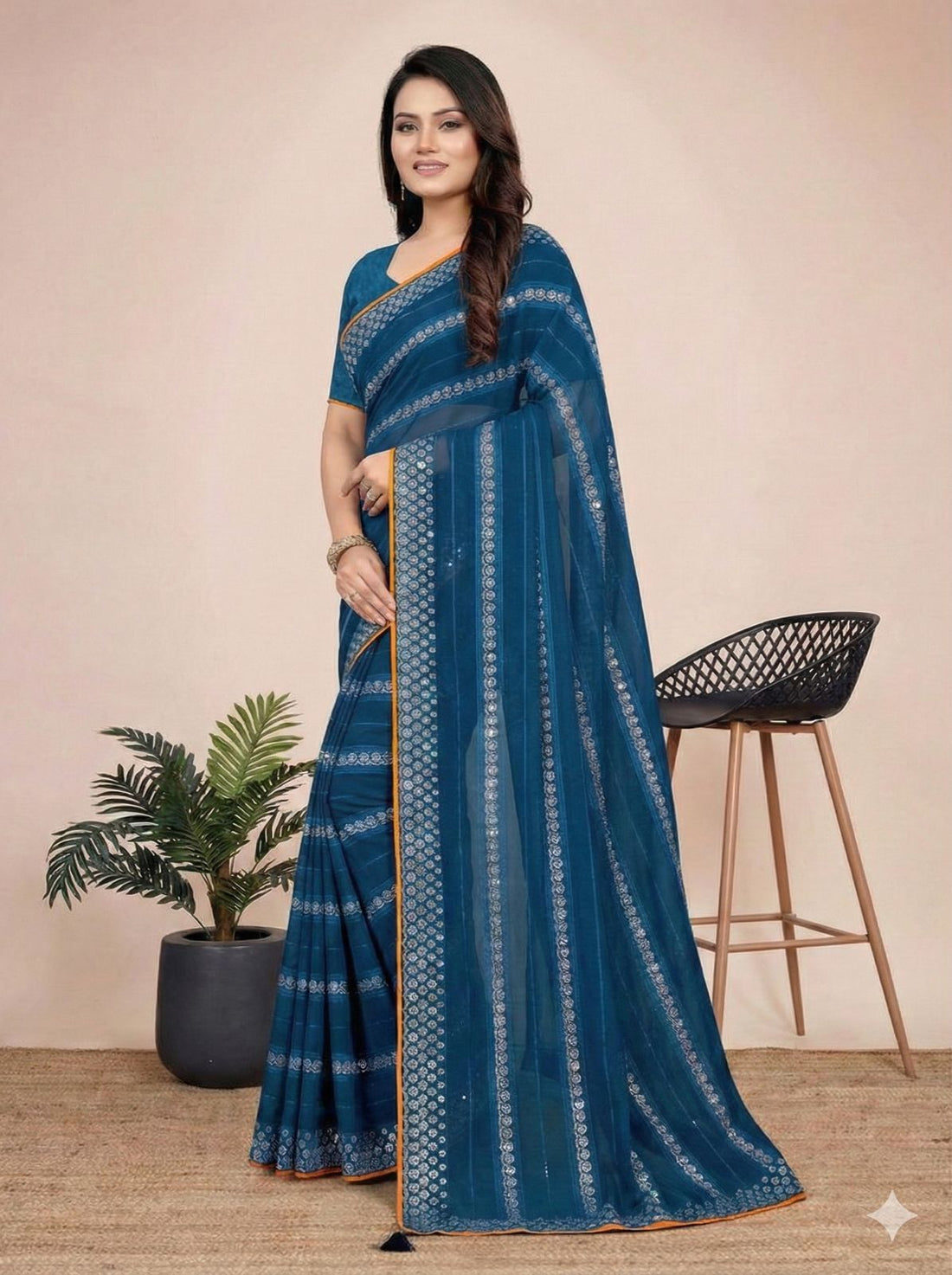Shiv Chakra Charm Blue Saree