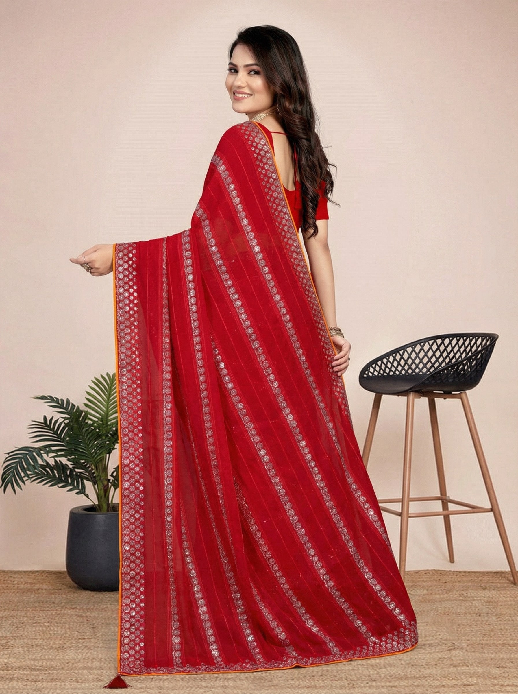 Shiv Chakra Charm Red Saree
