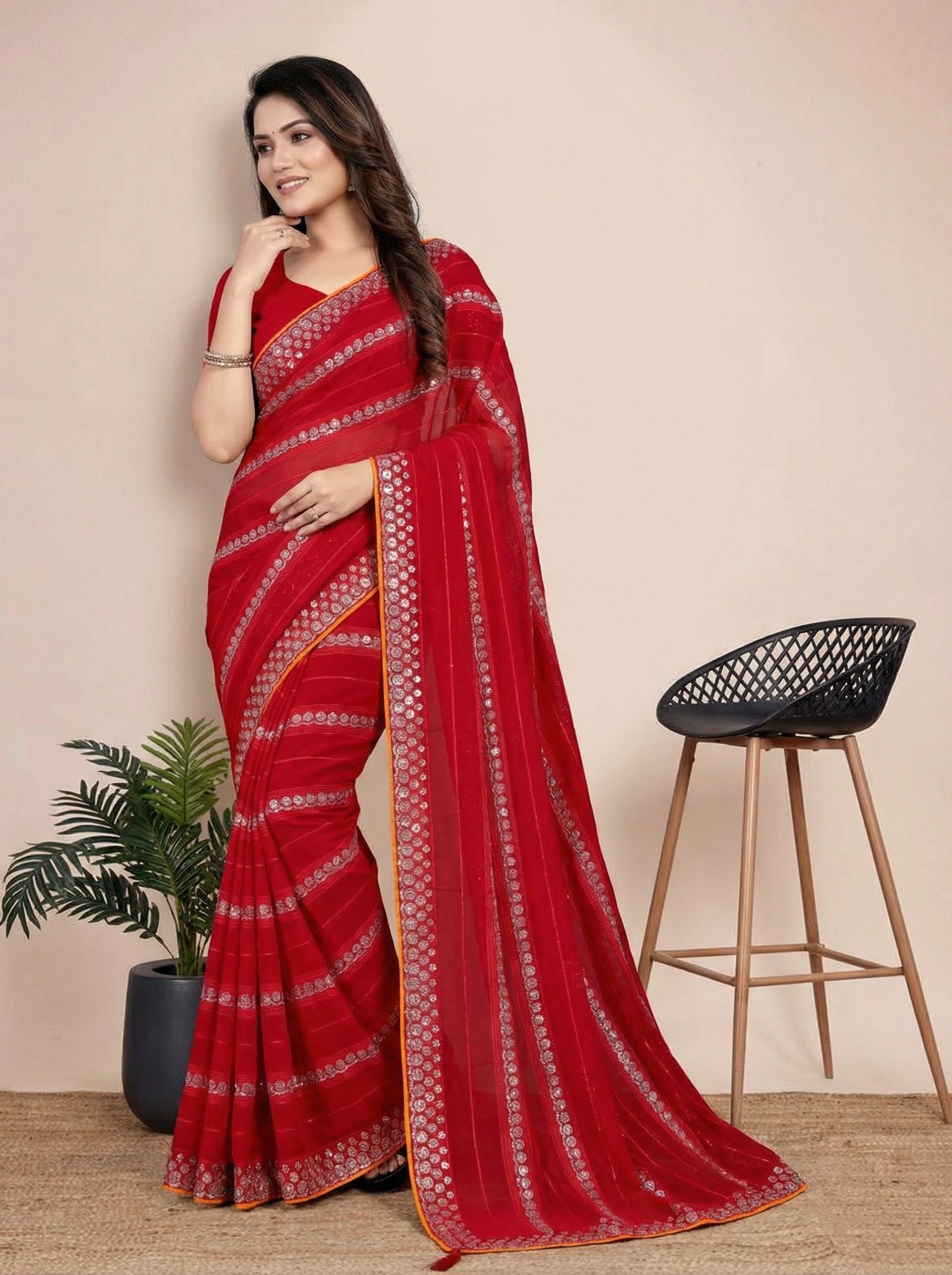 Shiv Chakra Charm Red Saree