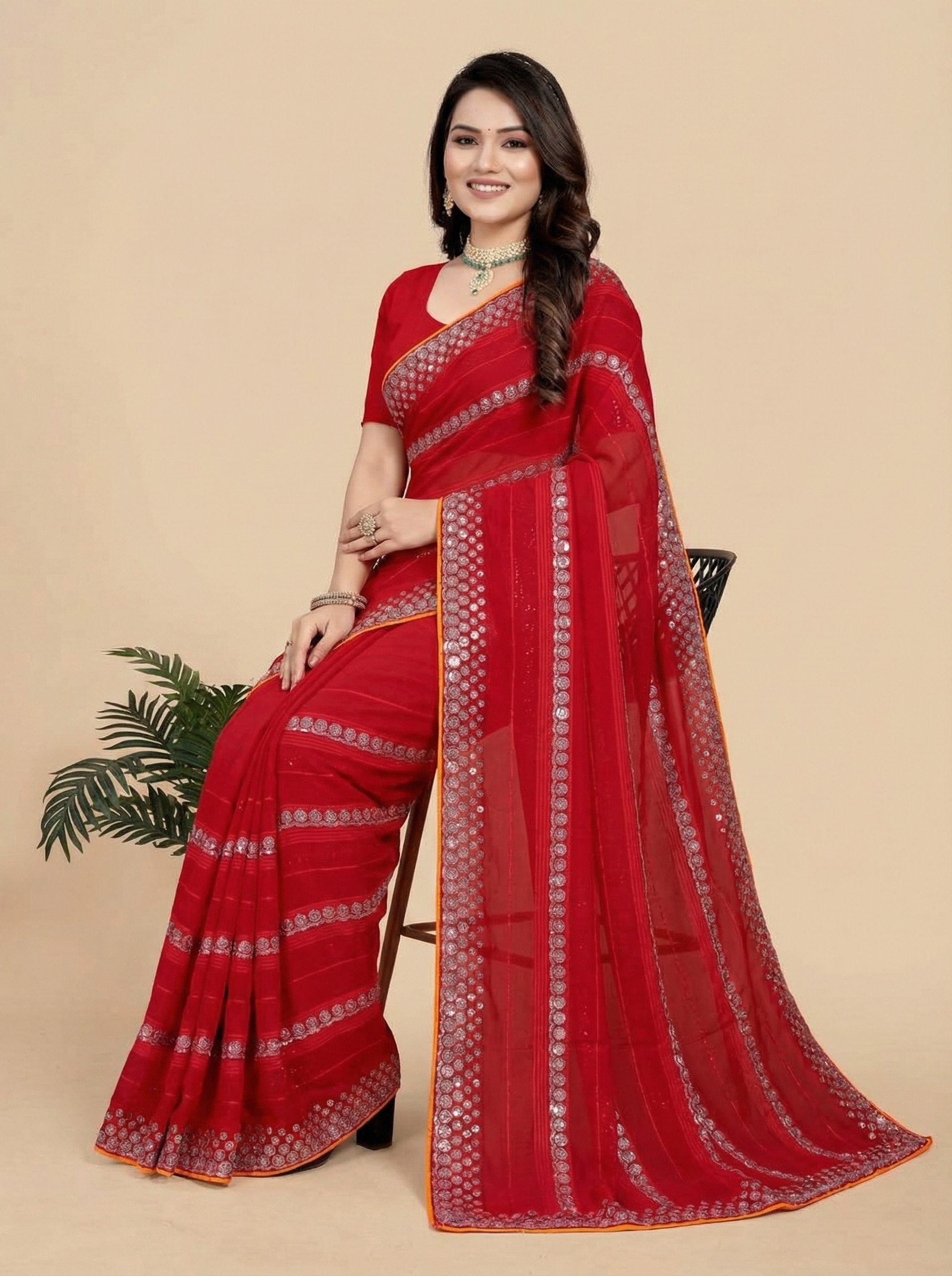 Shiv Chakra Charm Red Saree