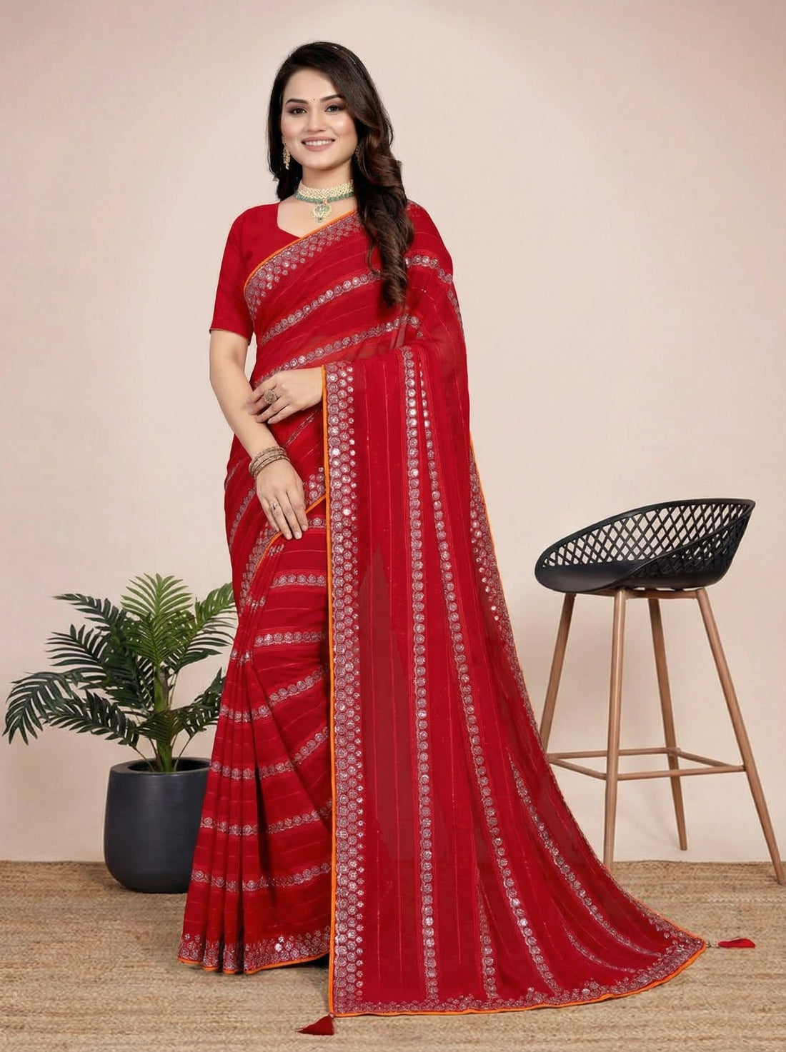 Shiv Chakra Charm Red Saree