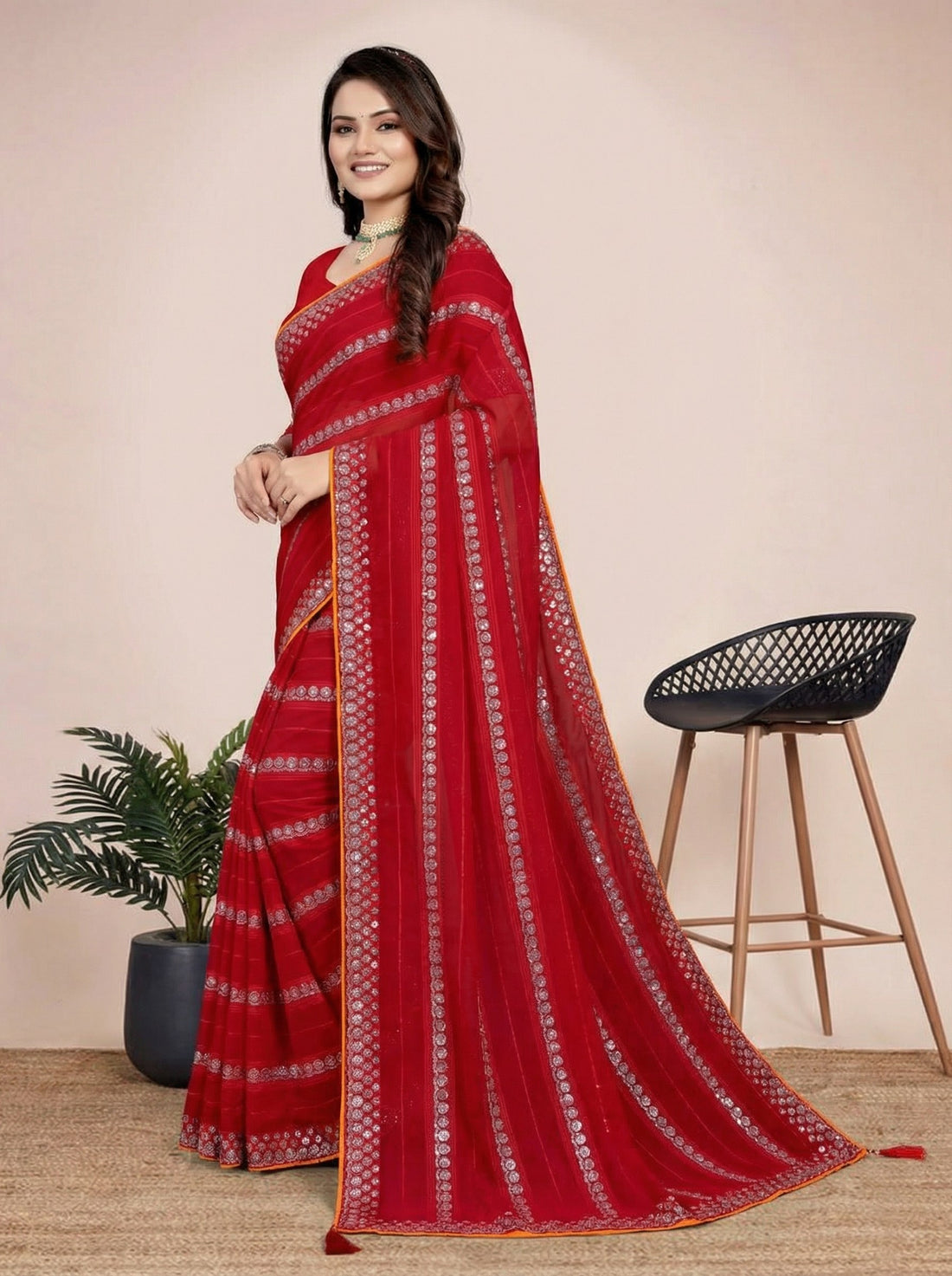 Shiv Chakra Charm Red Saree