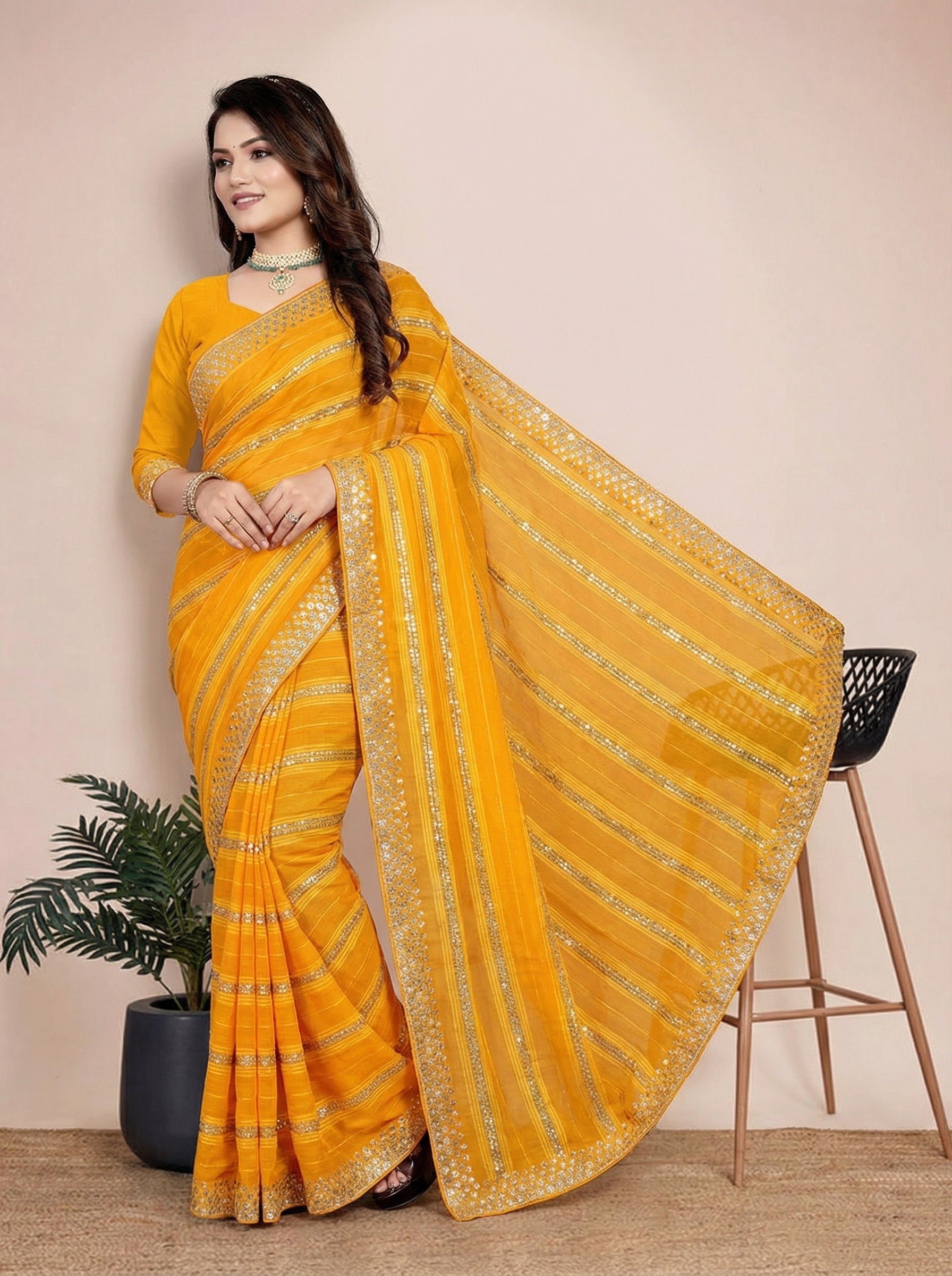 Shiv Chakra Charm Yellow Saree