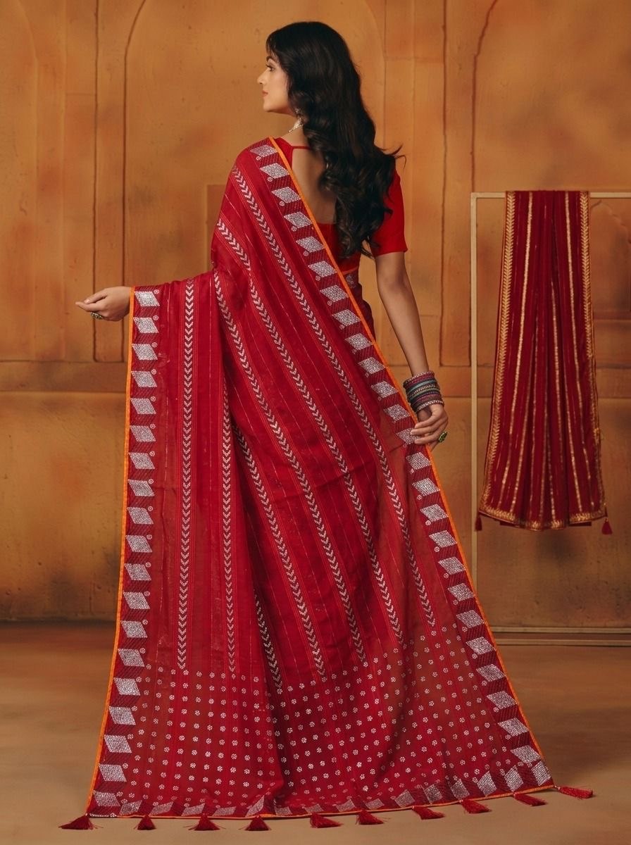 Shiv Chakra Designer Red Saree