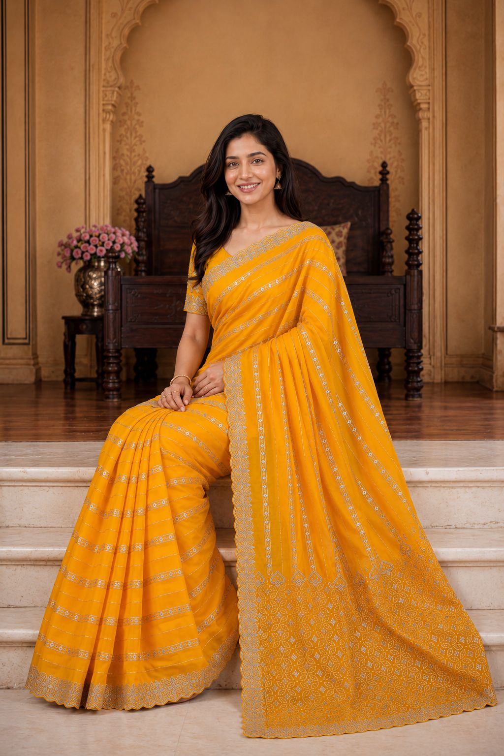 Shiv Chakra Ethnic Yellow Saree