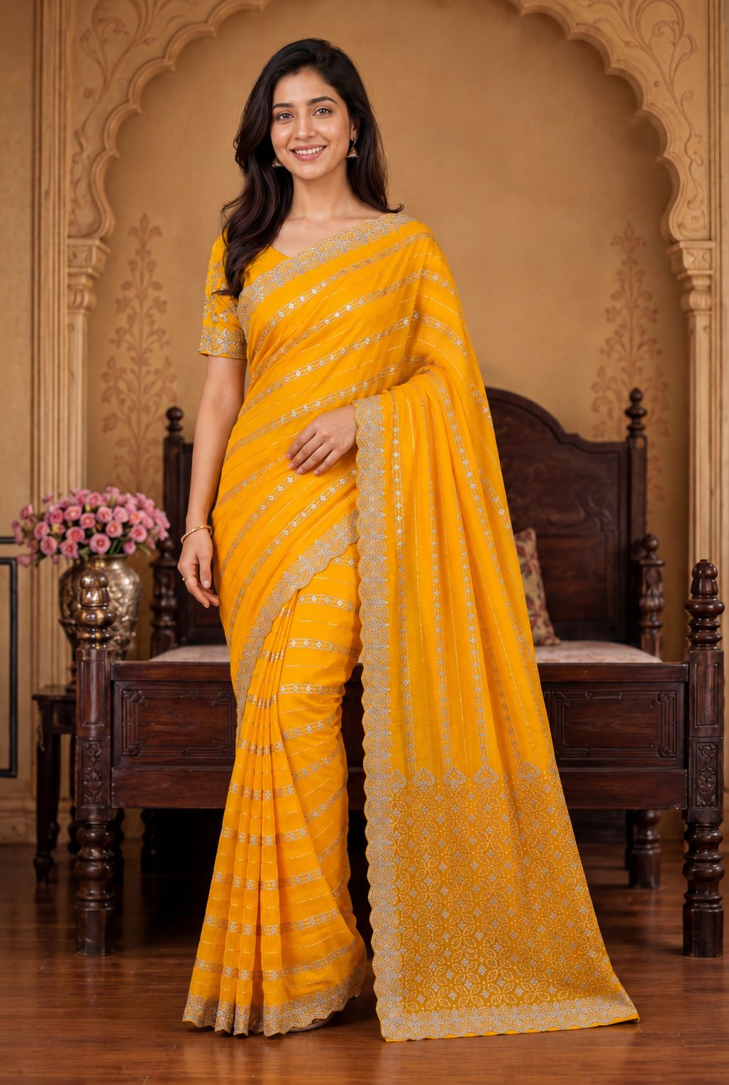 Shiv Chakra Ethnic Yellow Saree