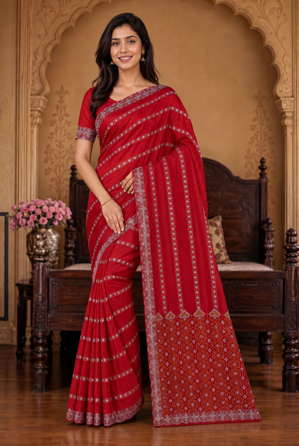 Shiv Chakra Ethnic Red Saree