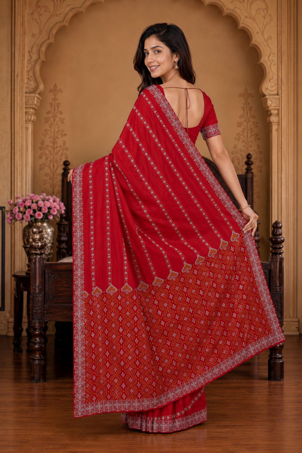 Shiv Chakra Ethnic Red Saree
