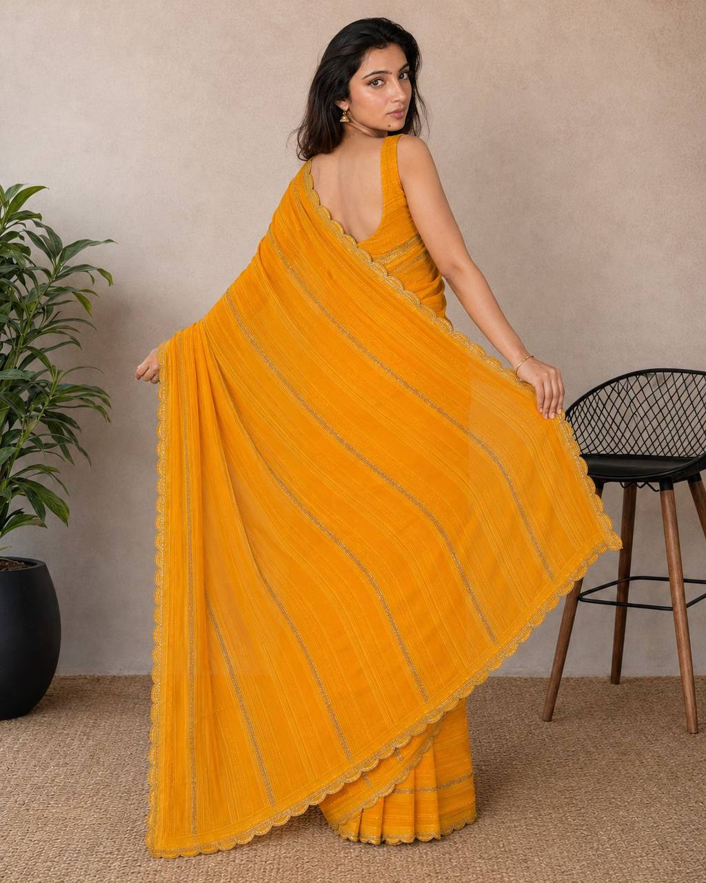 Shiv Chakra Divine Elegance Yellow Saree
