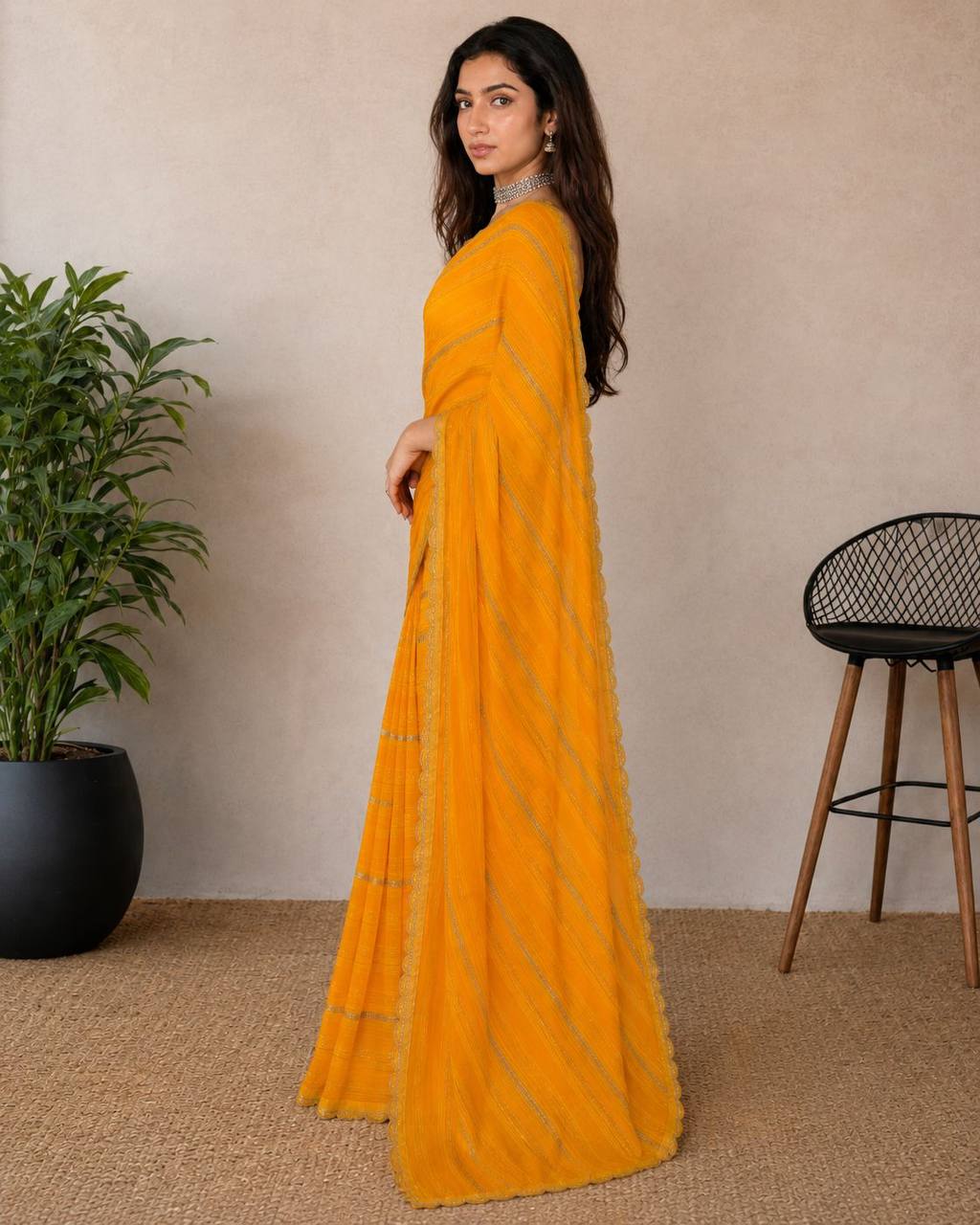 Shiv Chakra Divine Elegance Yellow Saree