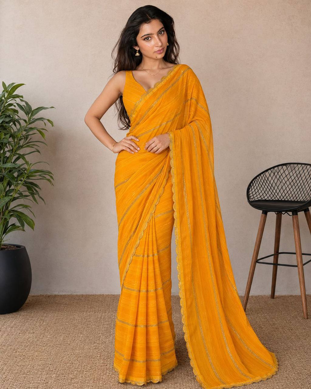 Shiv Chakra Divine Elegance Yellow Saree