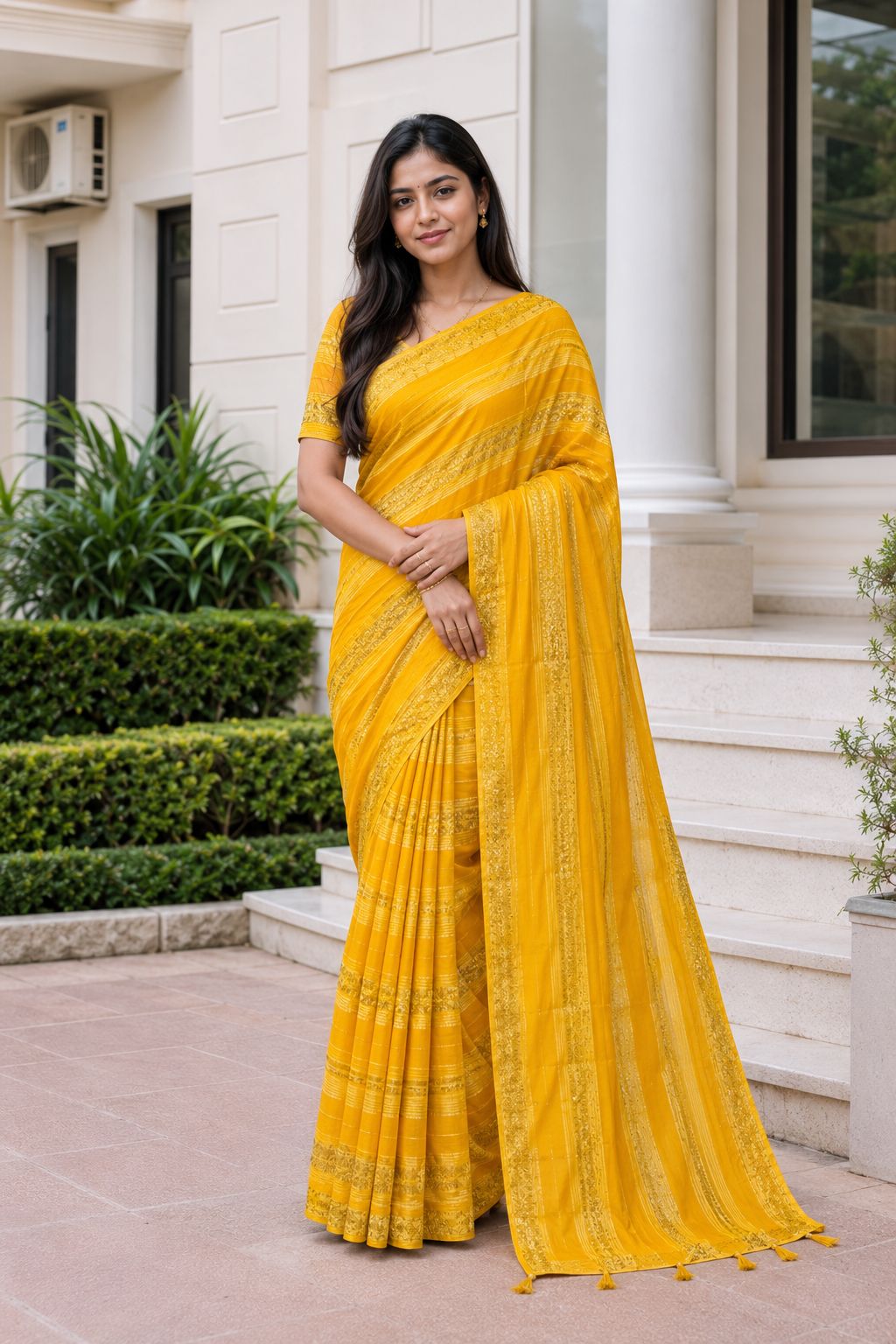 Shiv Chakra Designer Party Wear Yellow Saree