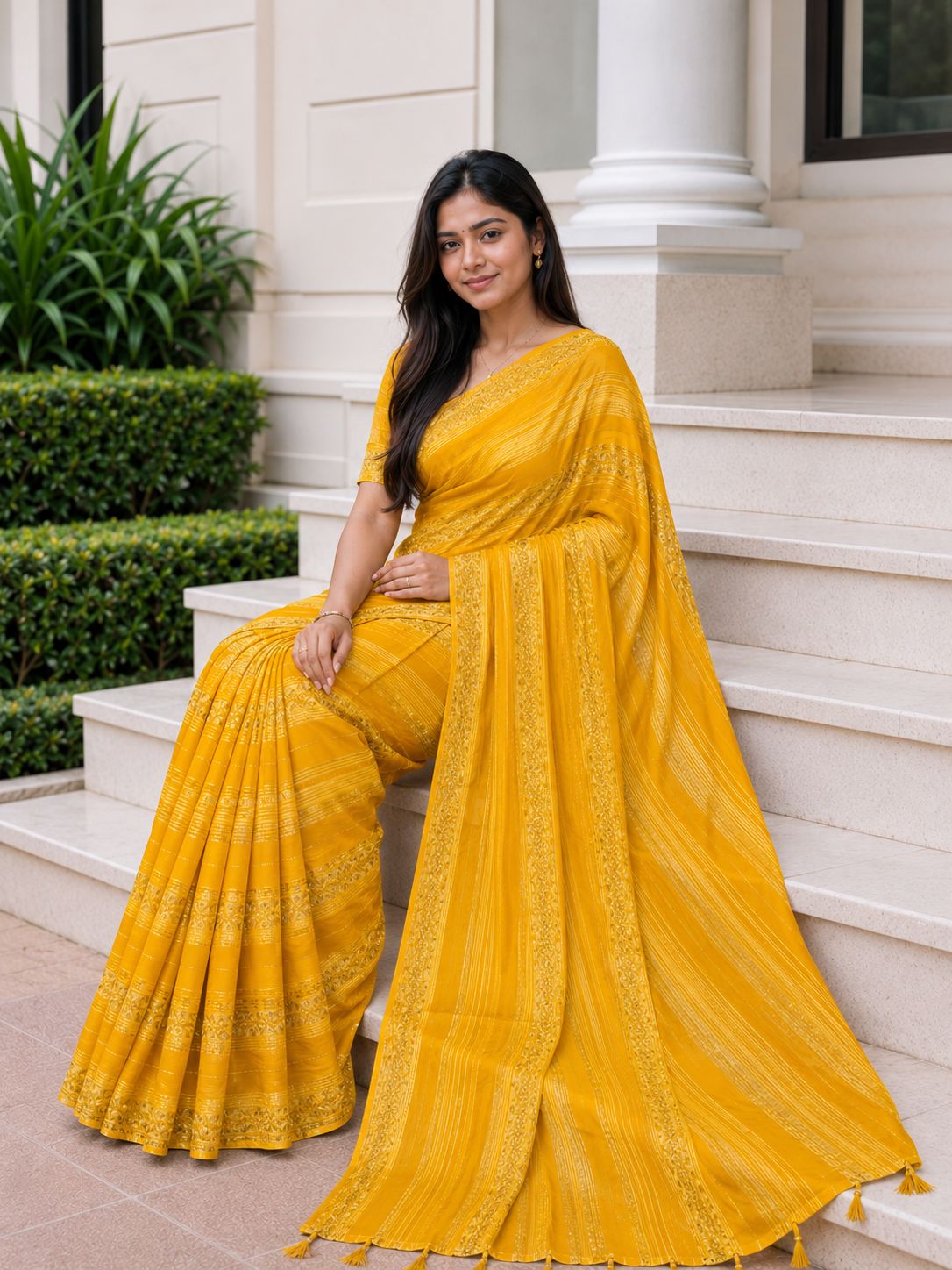 Shiv Chakra Designer Party Wear Yellow Saree