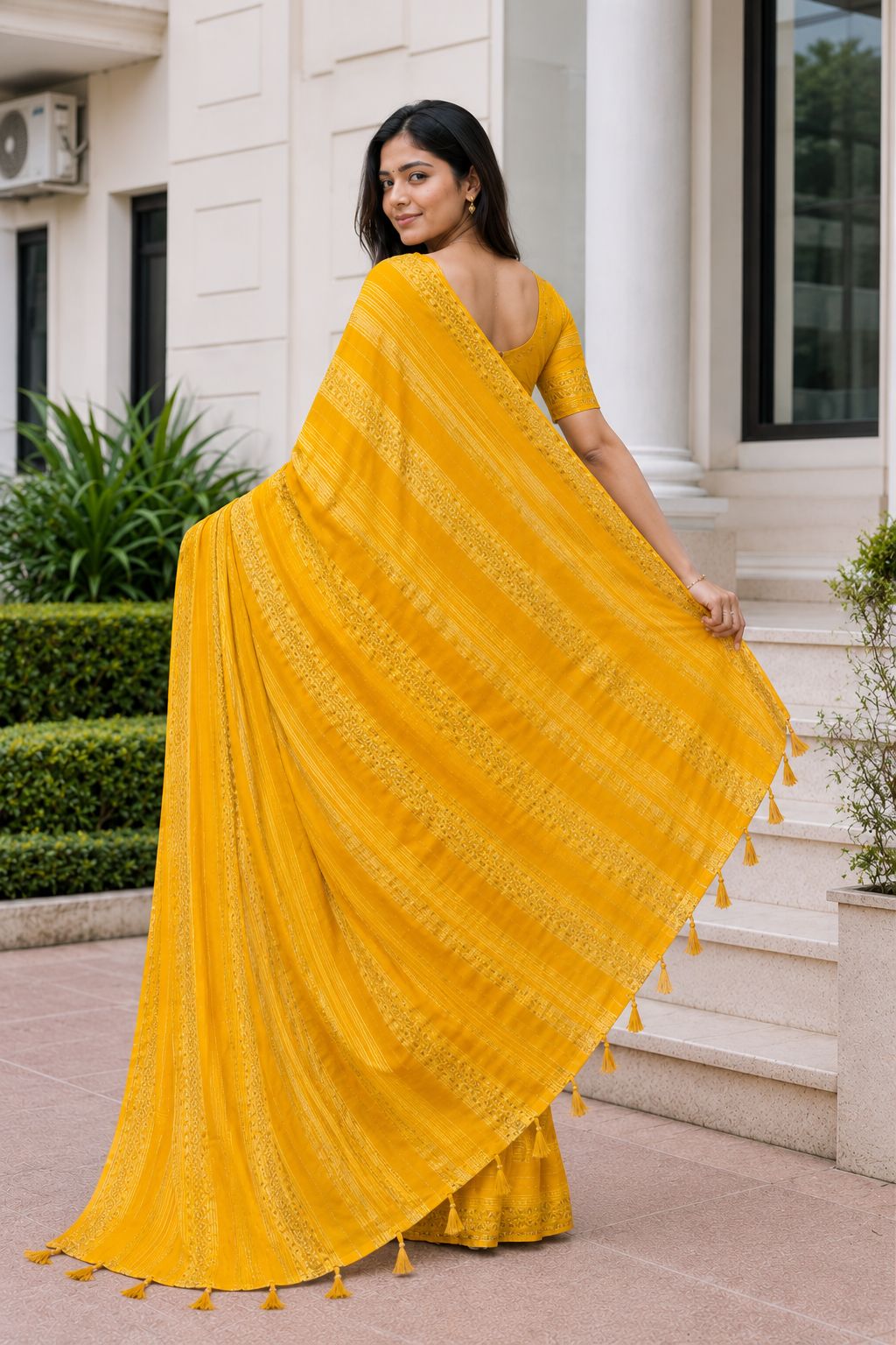 Shiv Chakra Designer Party Wear Yellow Saree