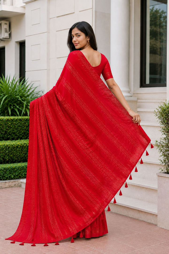 Shiv Chakra Designer Party Wear Red Saree