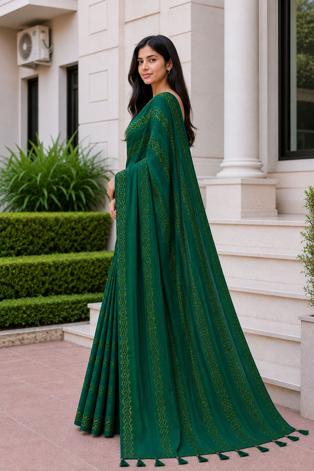 Shiv Chakra Designer Party Wear Green Saree