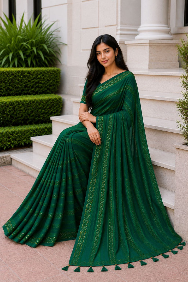 Shiv Chakra Designer Party Wear Green Saree