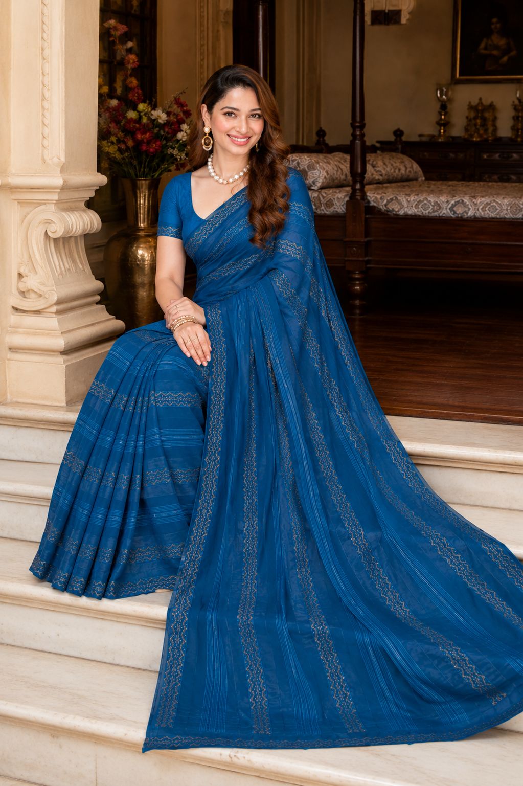 Shiv Chakra Designer Party Wear Blue Saree